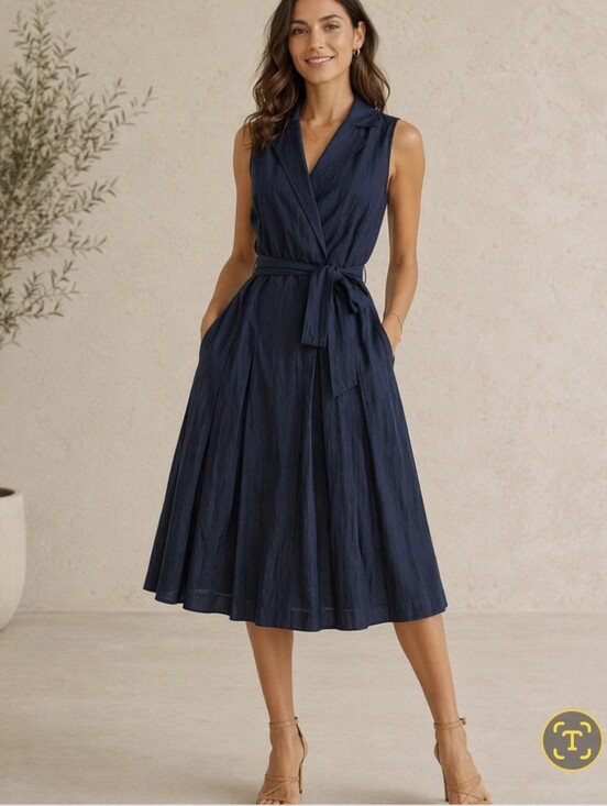 Evan Picone Dresses & Skirts - Sleeveless Navy Wrap Midi Dress with Waist Tie